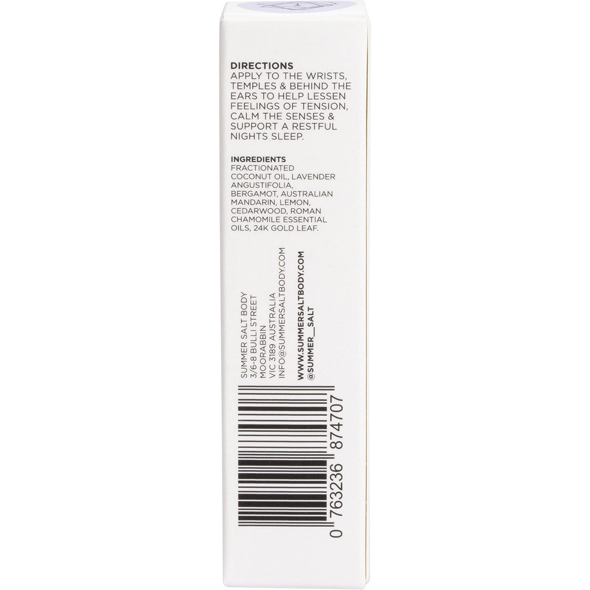Back of Summer Salt Body Sleep oil roller box showing directions, ingredients, and Australian made logo.