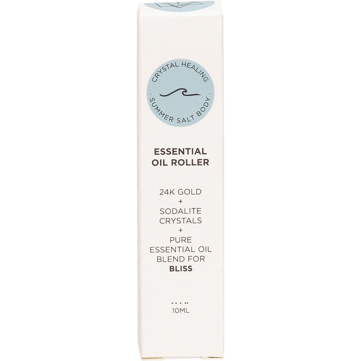 Box for Summer Salt Body 10ml Bliss Essential Oil Roller with 24K gold and Sodalite crystals on a white background.