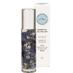 Summer Salt Body 10ml Bliss Essential Oil Roller with 24K gold and Sodalite crystals next to its box.