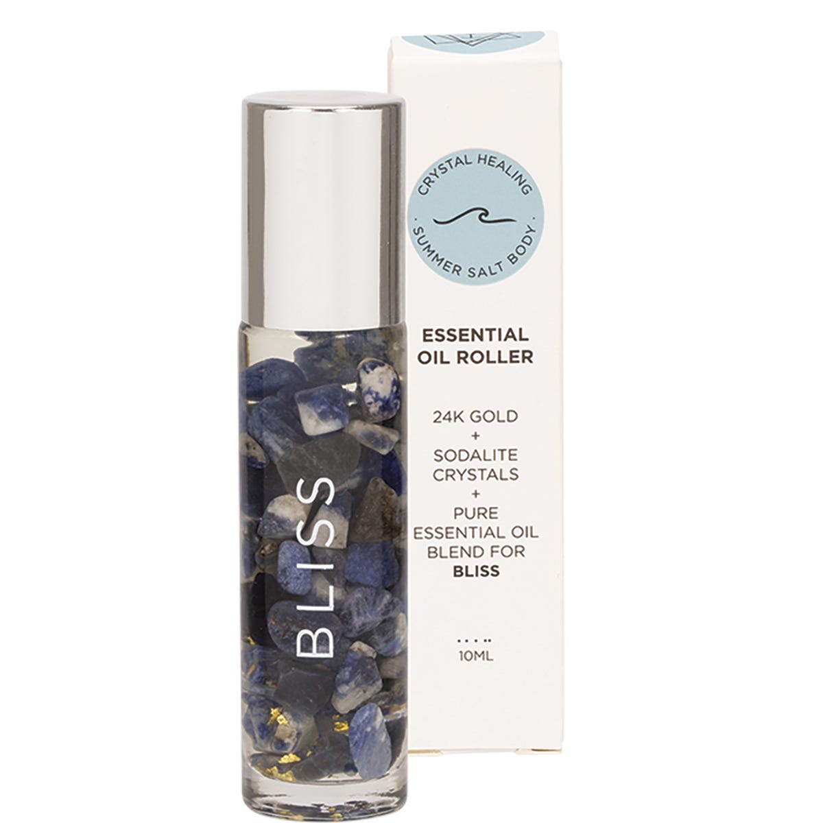 Summer Salt Body 10ml Bliss Essential Oil Roller with 24K gold and Sodalite crystals next to its box.
