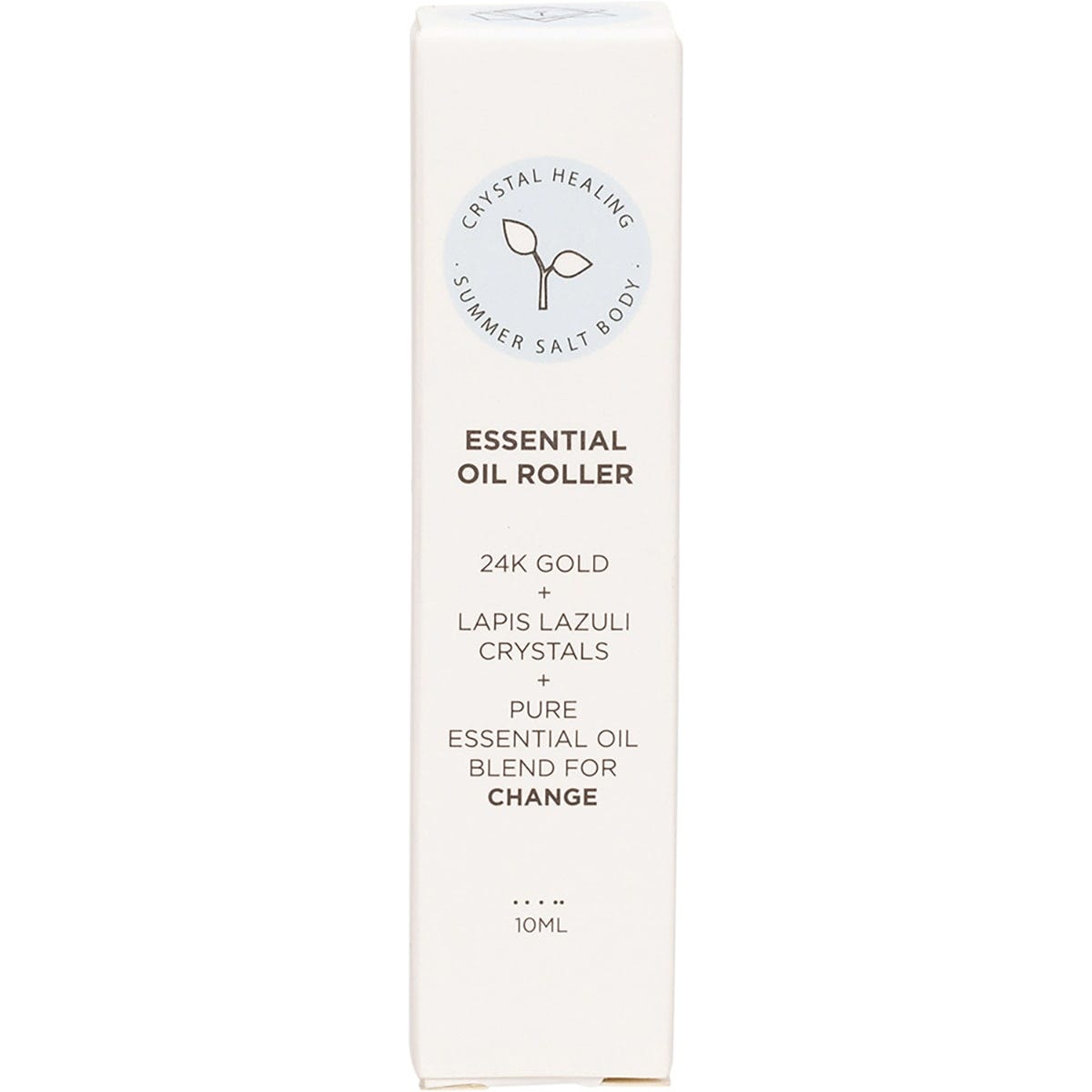 Summer Salt Body Evolve essential oil roller box featuring a white and purple floral design on a white background.