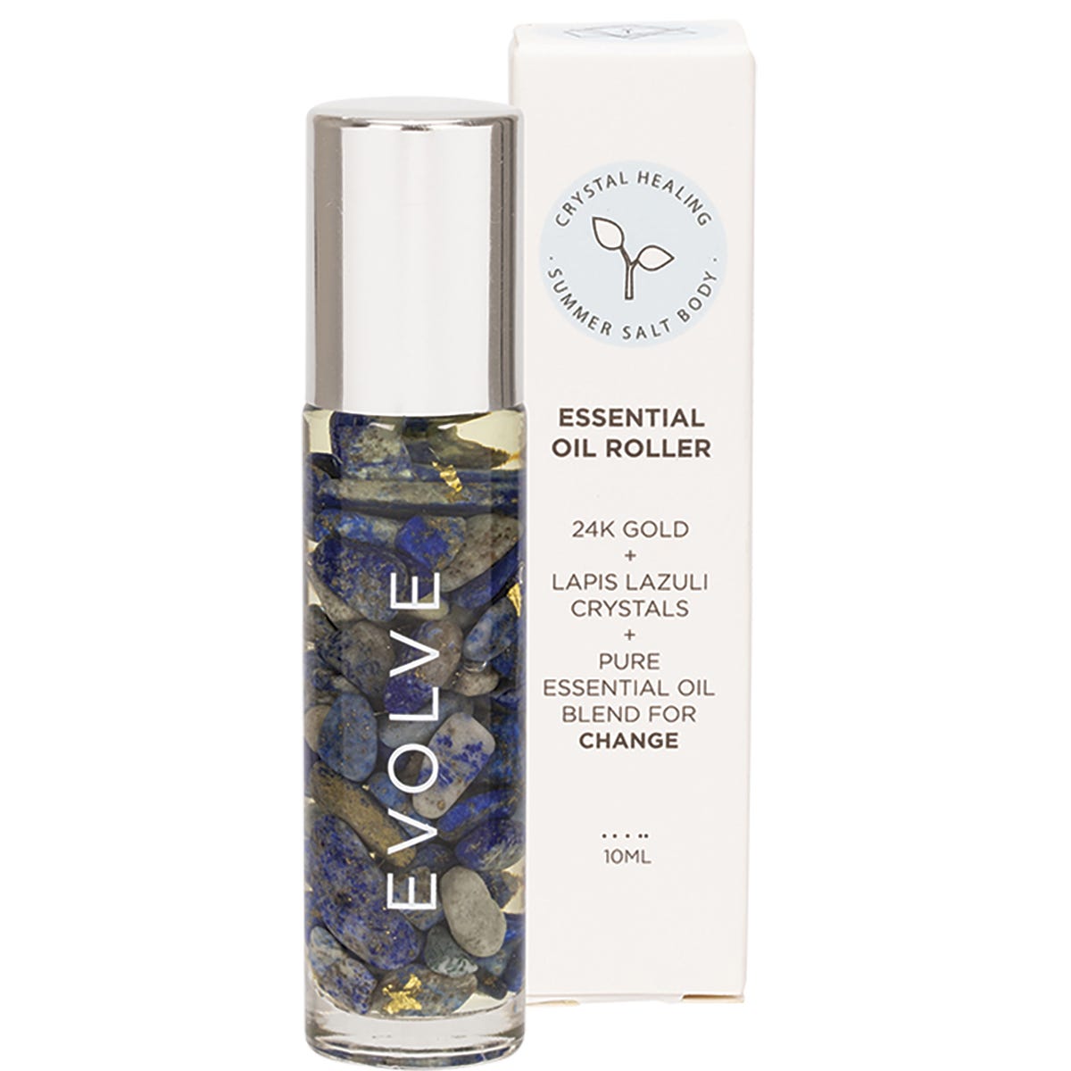 Summer Salt Body Evolve 10ml essential oil roller containing 24K gold and lapis lazuli beside its matching product box.