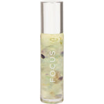 Summer Salt Body 10ml Focus essential oil roller with 24K gold flakes and rainbow fluorite crystals.