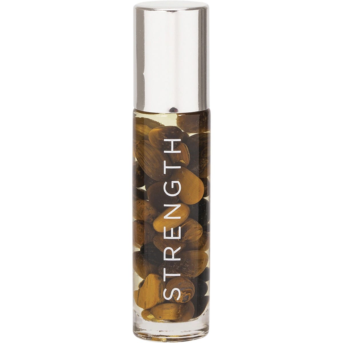 Summer Salt Body 10ml Strength essential oil roller with 24K gold and Tiger Eye crystals on a white background.