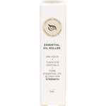 Summer Salt Body Strength essential oil roller box featuring a Tiger Eye crystal and orange botanical design.