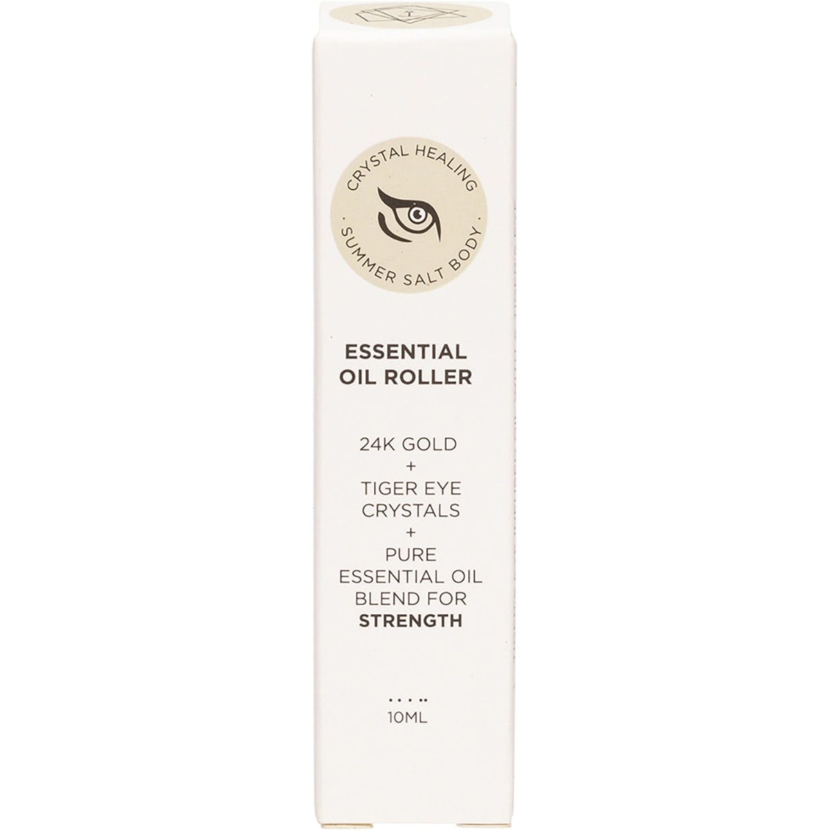 Summer Salt Body Strength essential oil roller box featuring a Tiger Eye crystal and orange botanical design.