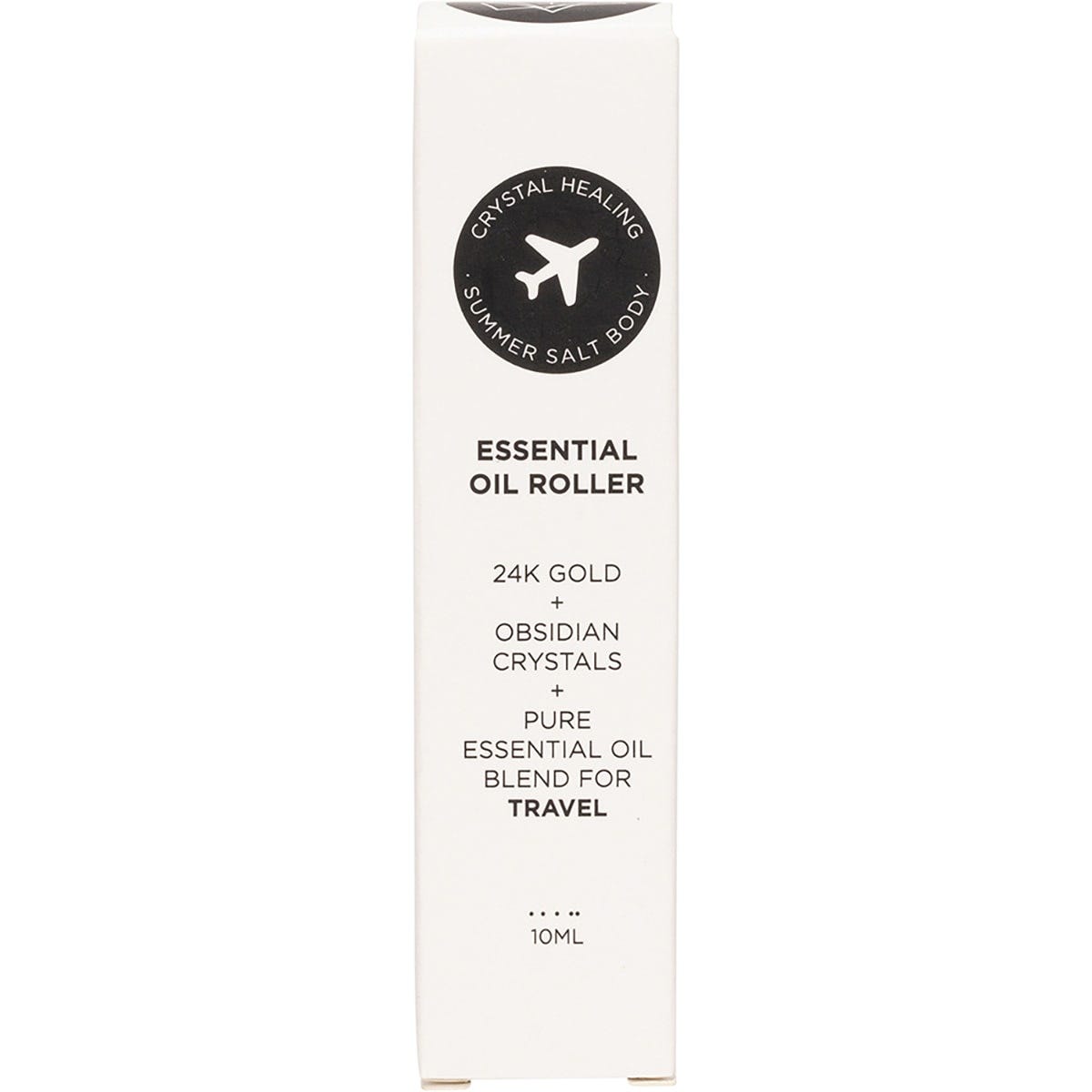 Retail box of Summer Salt Body Travel Essential Oil Roller featuring obsidian crystals and 24K gold flakes.