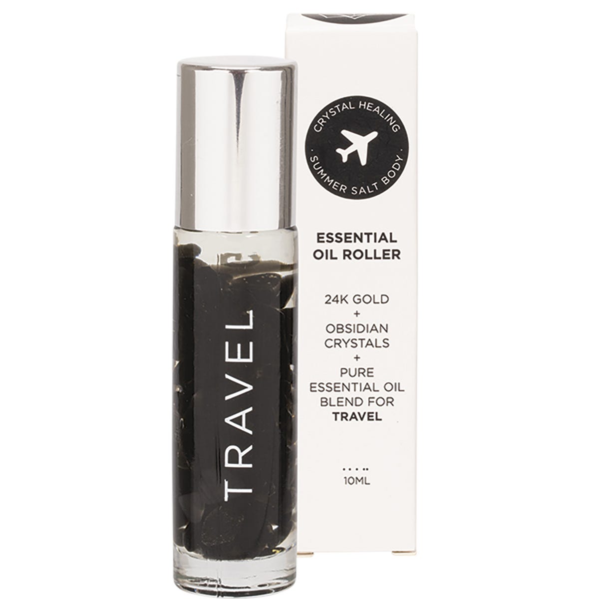 Essential oil roller and box with 24K gold flakes and obsidian crystals for travel protection and negative energy shielding.