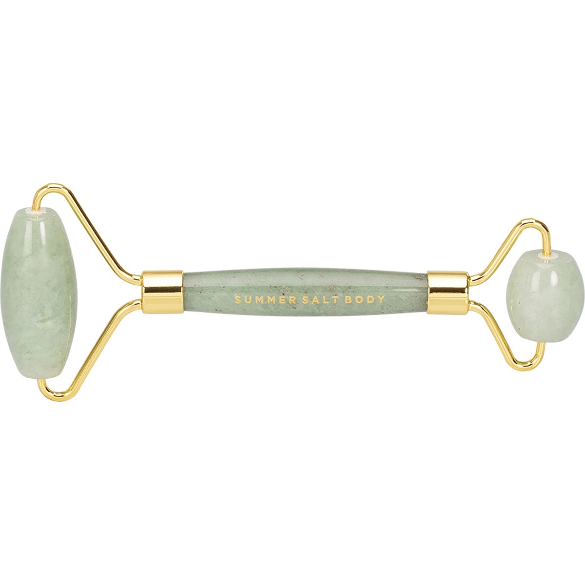 Green jade crystal facial roller with gold-toned hardware on a white background.