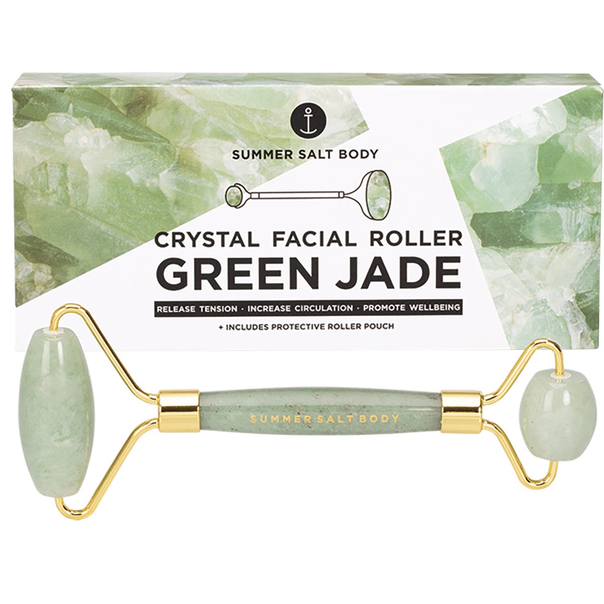 Green jade facial roller and matching textured gua sha tool with a protective pouch and a white branded gift box.
