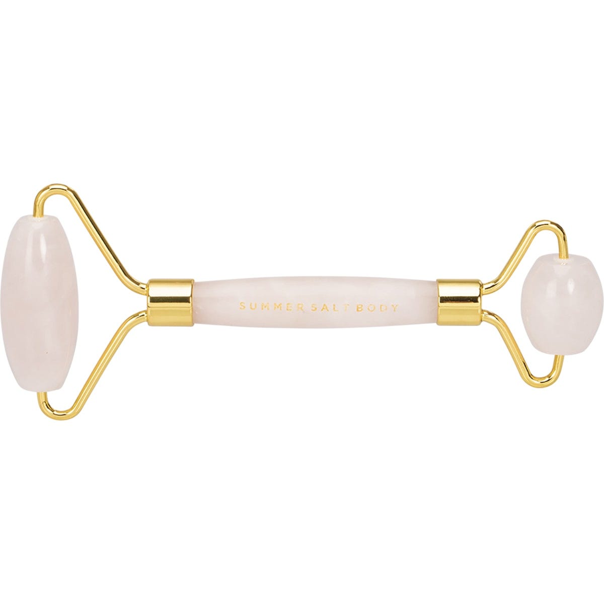 Rose quartz facial roller with a dual-ended design and polished pink stones on a white background.