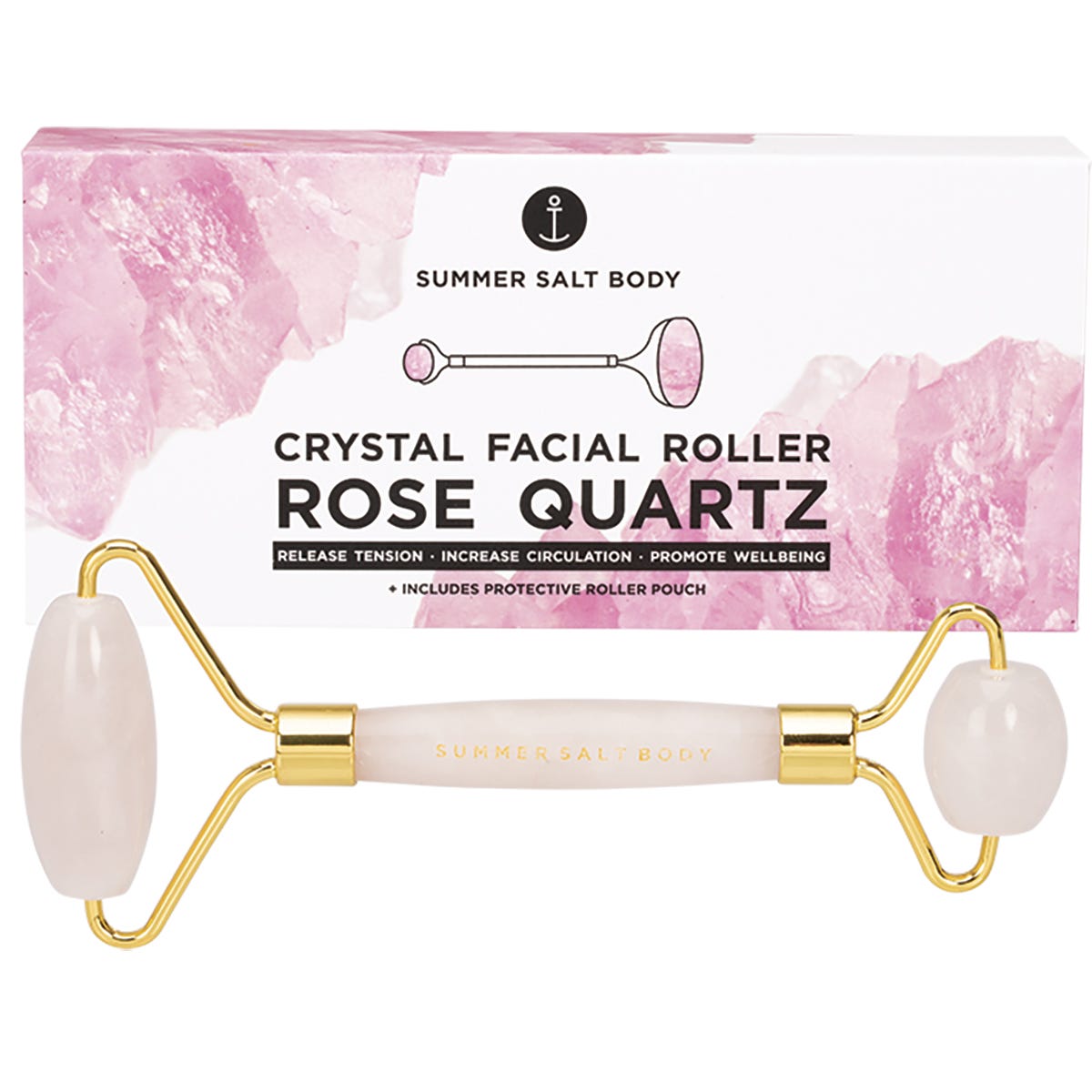 Rose quartz facial roller with a matching pink pouch and floral-patterned gift box on a clean white background.