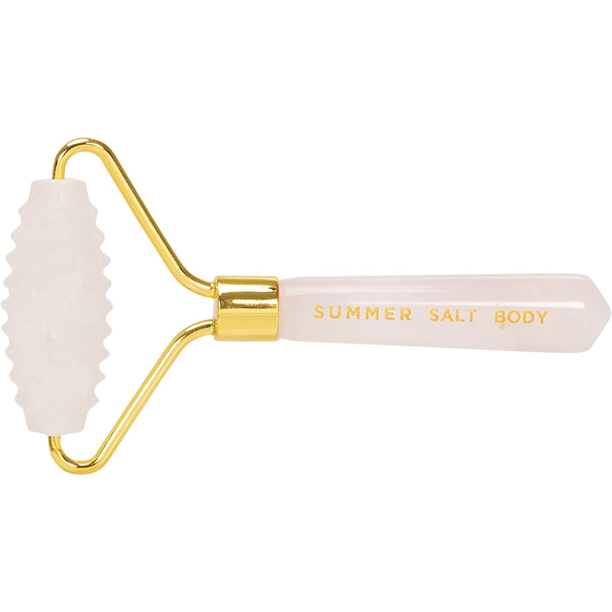 Rose quartz spiky facial roller with a gold-toned metal frame and a smooth pink handle, isolated on a white background.