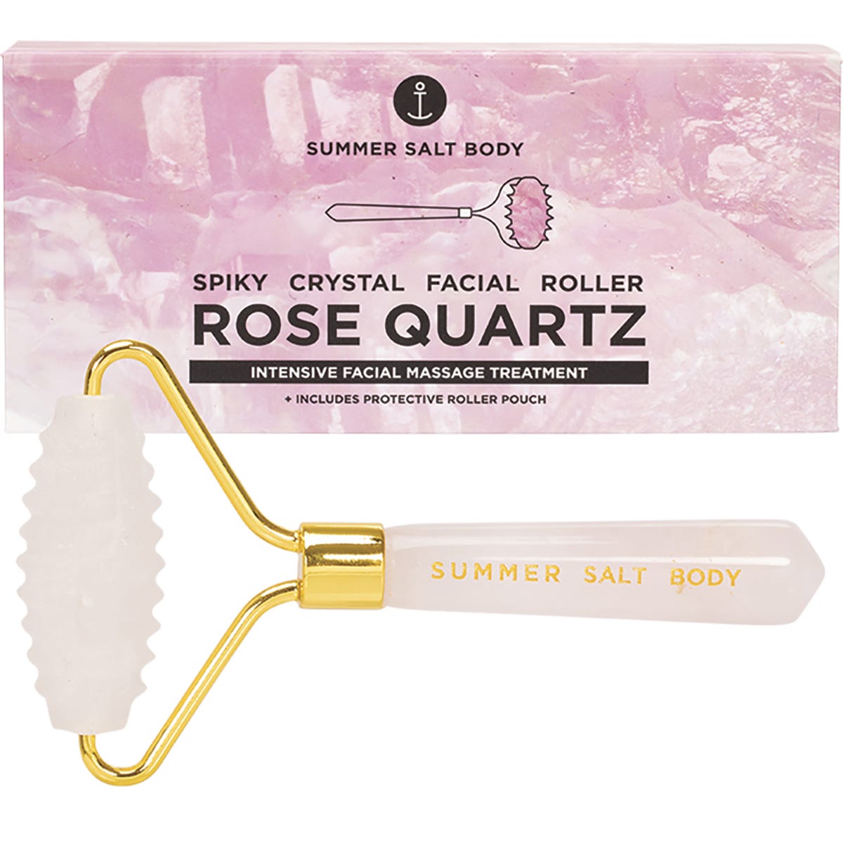 Rose quartz spiky facial roller with a matching pink storage pouch and a luxe white gift box.