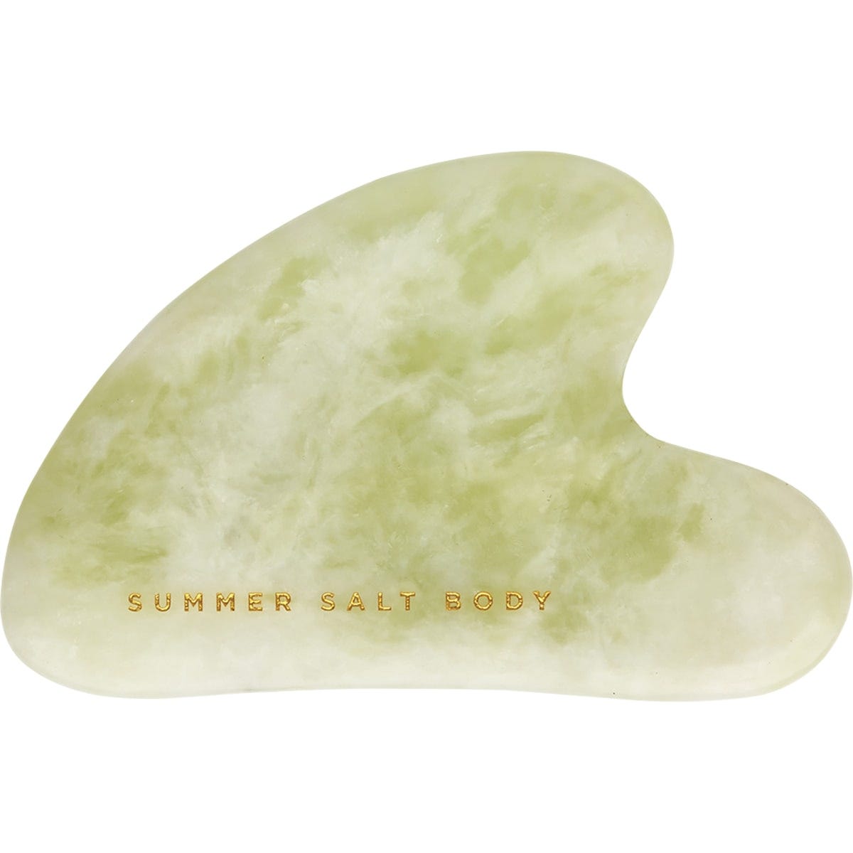 Heart-shaped green jade Gua Sha stone with smooth, polished edges on a white background.