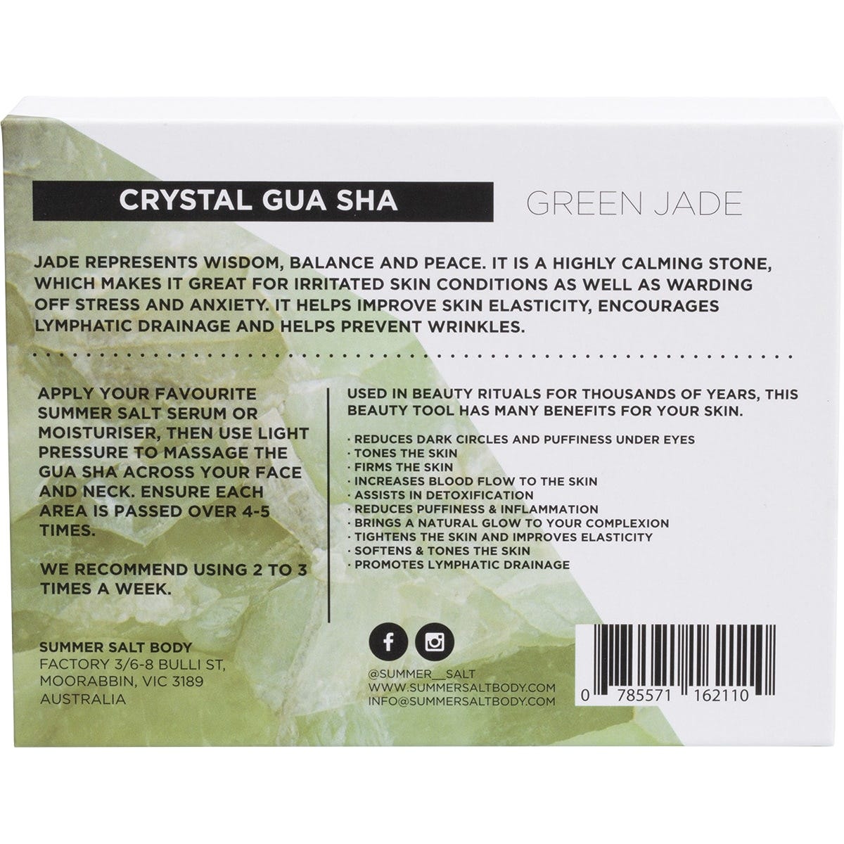 Back of Summer Salt Body Green Jade Gua Sha gift box with benefits, usage, and cleaning instructions.