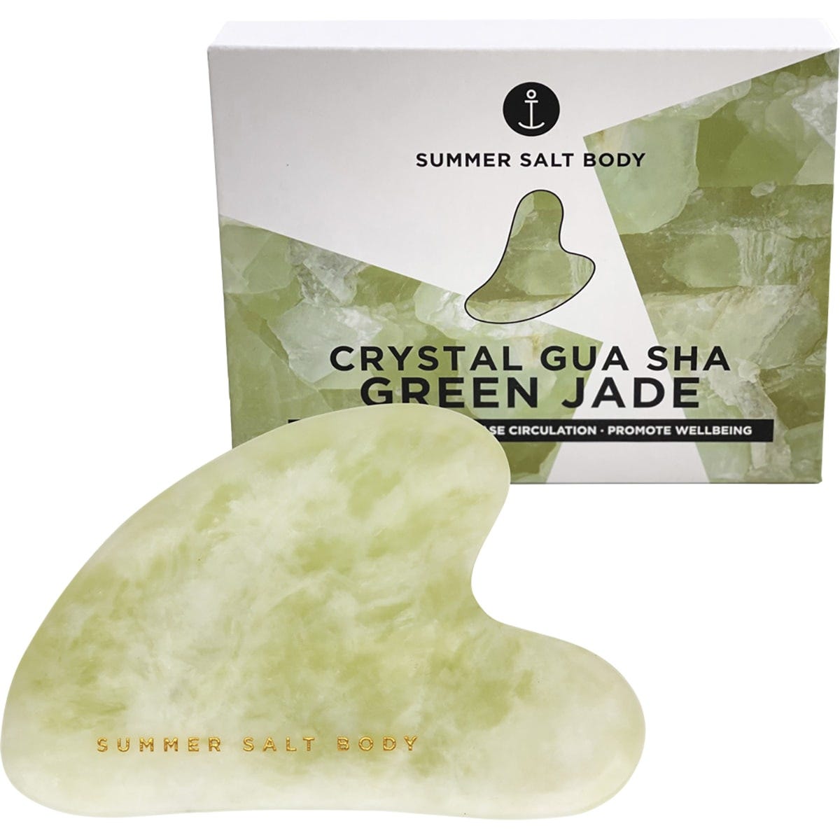 Green jade Gua Sha stone and its branded white gift box on a clean white background.