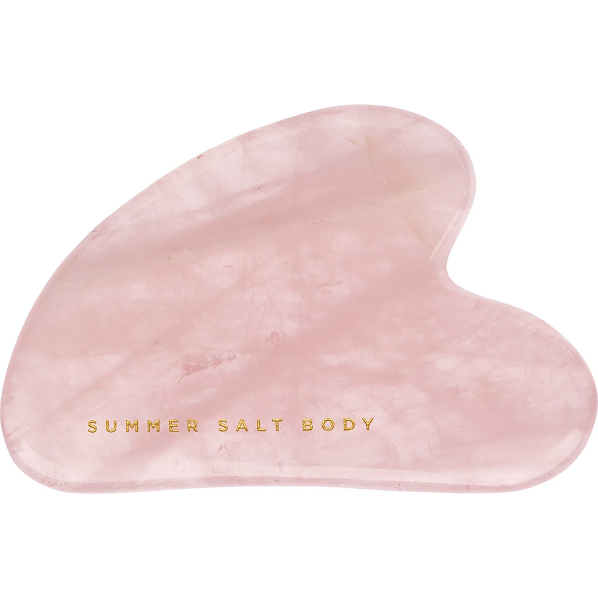Rose quartz gua sha tool with a smooth, heart-shaped design on a white background.