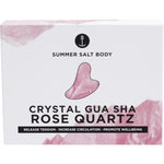 White gift box for a Rose Quartz Gua Sha tool, featuring botanical illustrations and product benefits on the front.