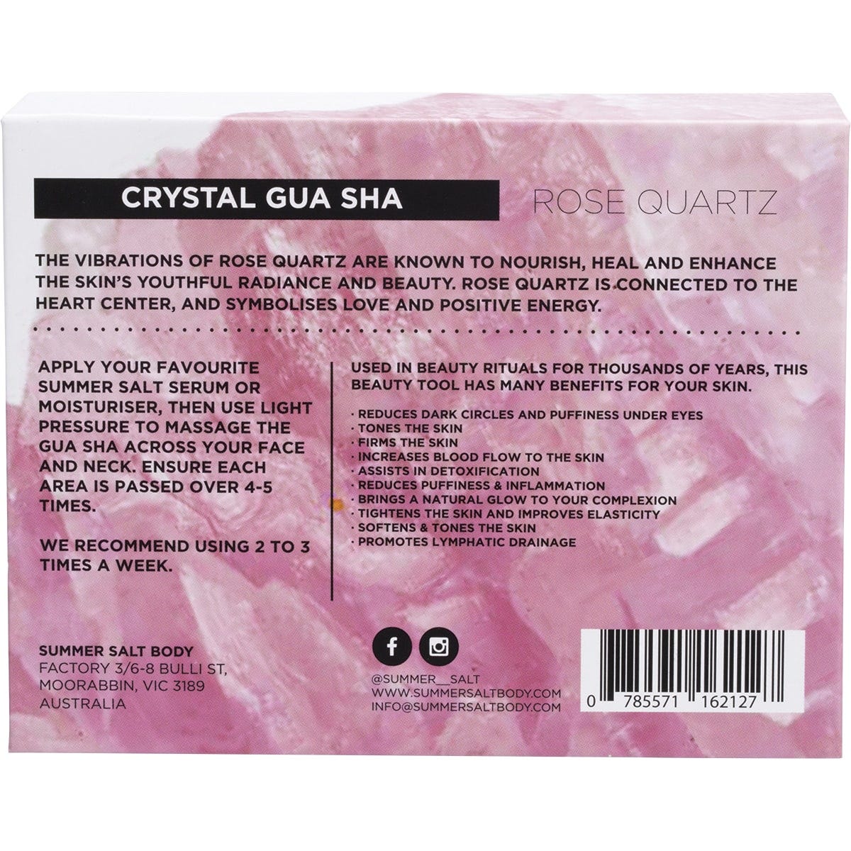 Back of a Rose Quartz Gua Sha gift box showing benefits, usage instructions, and cleaning tips with botanical illustrations.