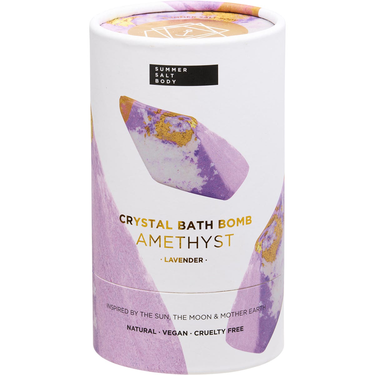 Purple and gold hexagonal box for the Summer Salt Body Amethyst Lavender Crystal Bath Bomb on a white background.