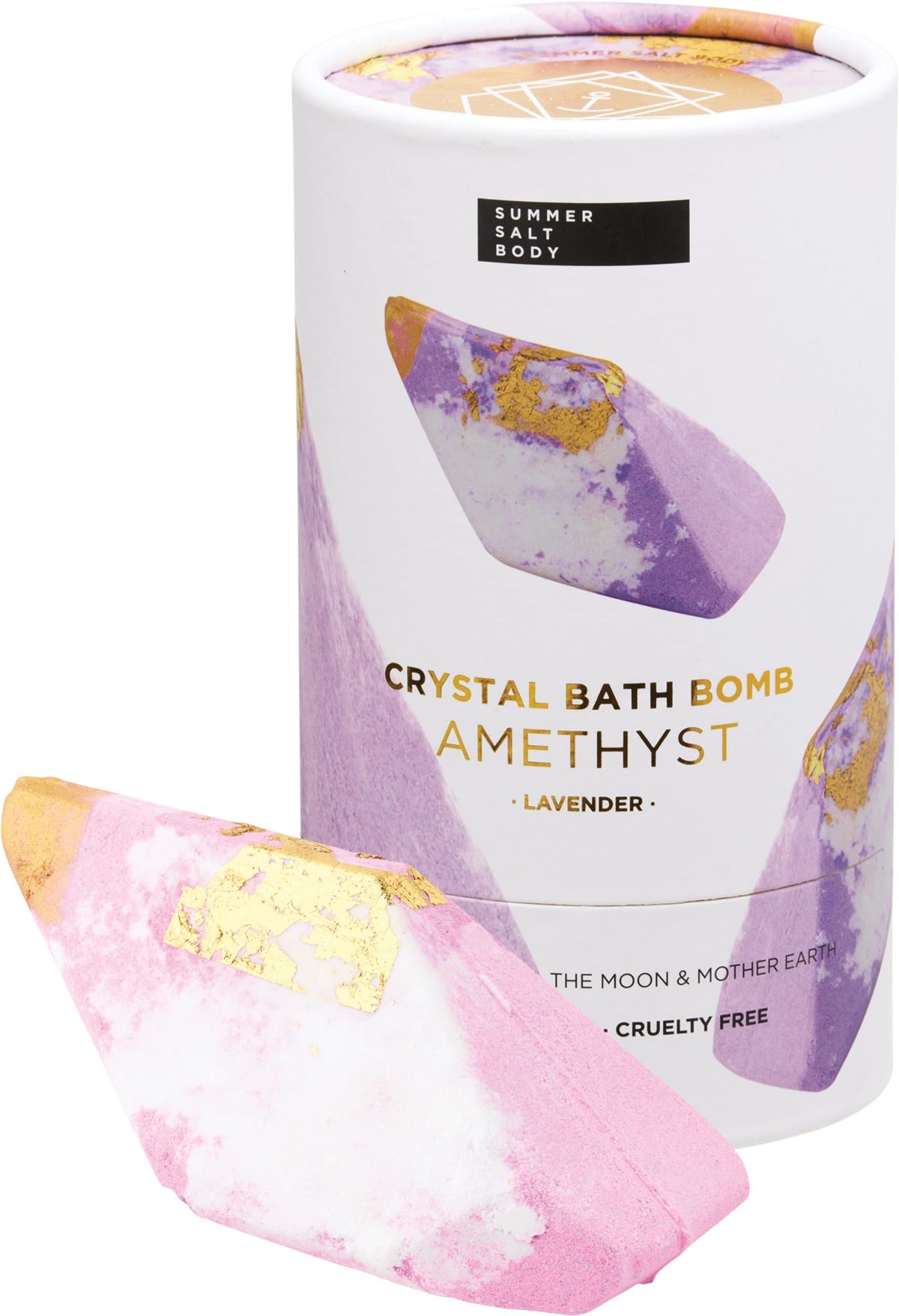 Summer Salt Body Amethyst Lavender bath bomb shown both inside and outside its purple and gold hexagonal packaging.