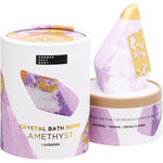 A purple round Summer Salt Body Amethyst Lavender bath bomb with gold flakes, shown outside of its packaging.