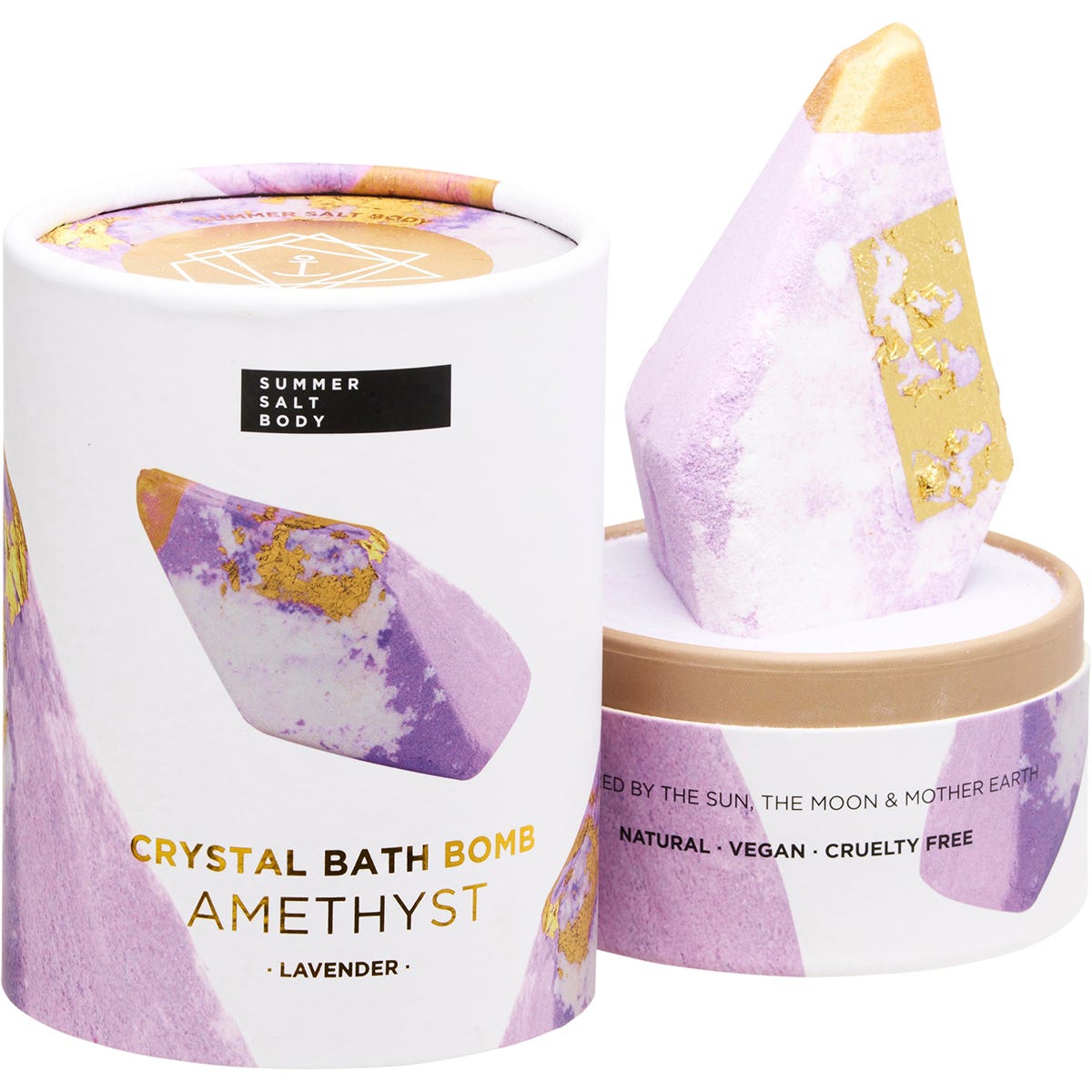 A purple round Summer Salt Body Amethyst Lavender bath bomb with gold flakes, shown outside of its packaging.