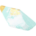 Aquamarine bath bomb with an embedded crystal and gold flakes on a white background.
