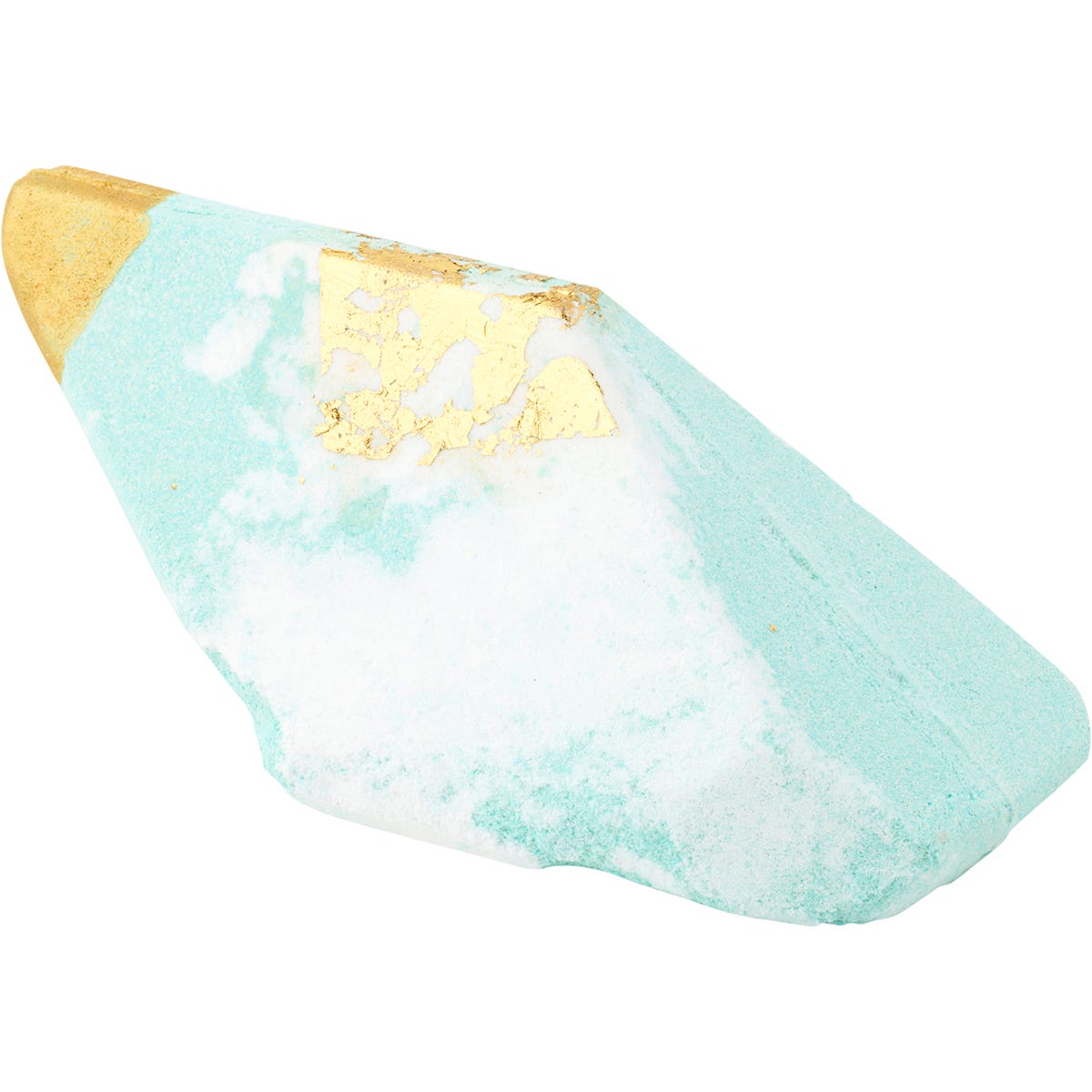 Aquamarine bath bomb with an embedded crystal and gold flakes on a white background.