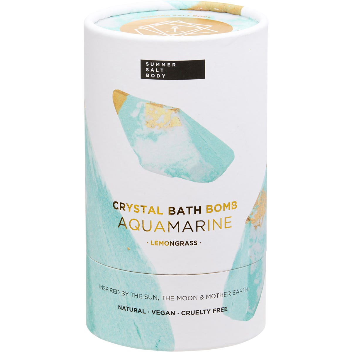 Aquamarine Lemongrass crystal bath bomb box featuring a blue and white patterned design on a white background.