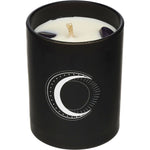 Amethyst-infused soy candle in a glass jar with sandalwood and vanilla, featuring two purple gemstones.