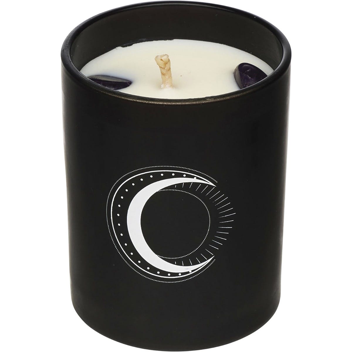 Amethyst-infused soy candle in a glass jar with sandalwood and vanilla, featuring two purple gemstones.