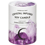Amethyst-infused soy candle retail box featuring a crescent moon illustration and floral designs on a white background.