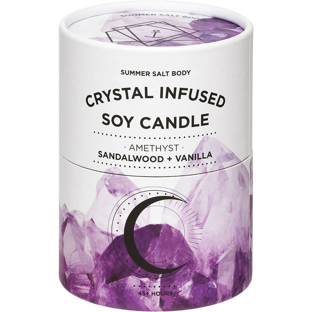 Amethyst-infused soy candle retail box featuring a crescent moon illustration and floral designs on a white background.