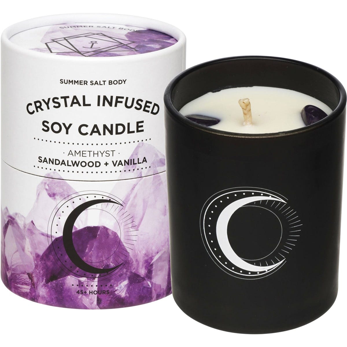 Amethyst-infused soy candle in a glass jar next to its box, featuring sandalwood and vanilla scents.