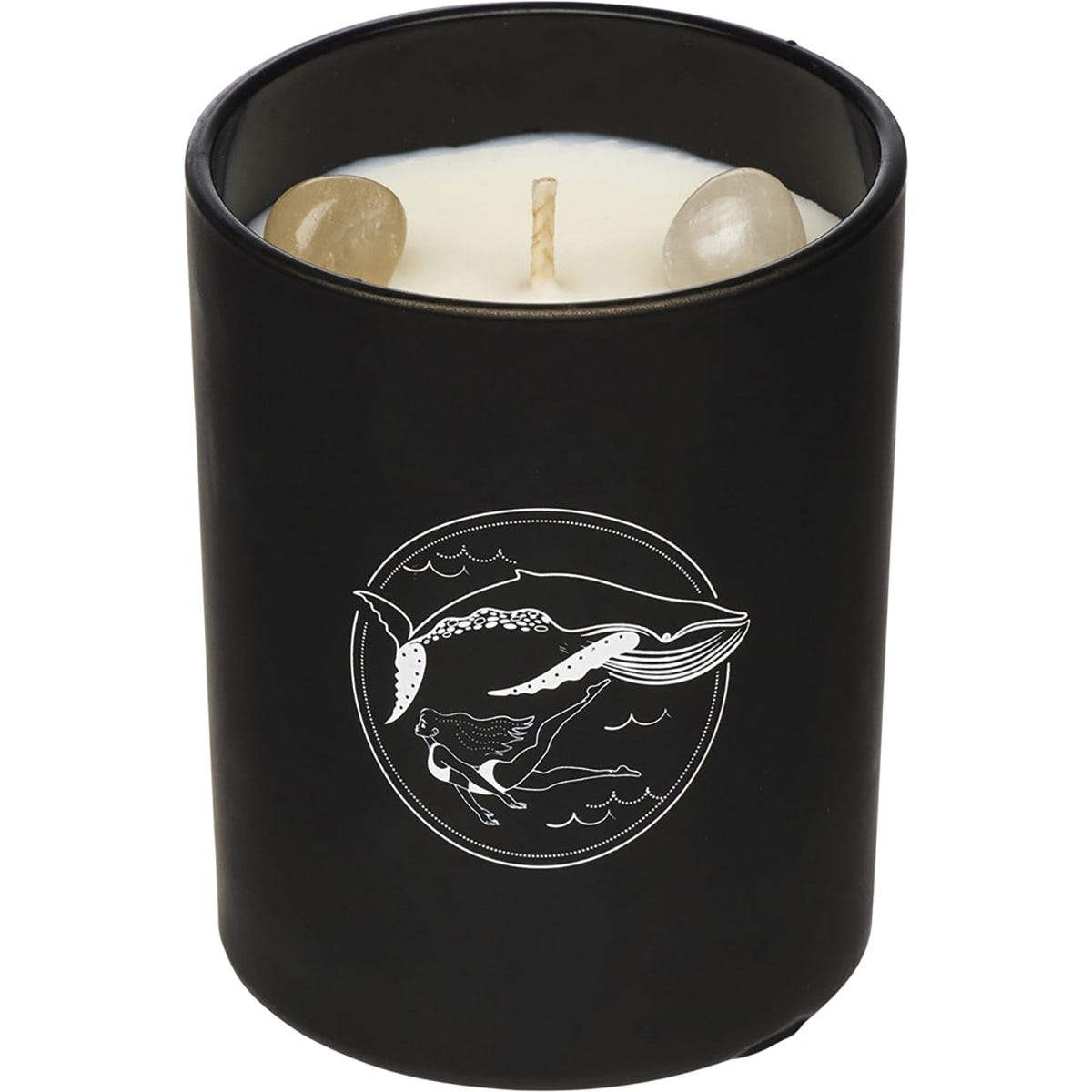 Clear Quartz infused soy candle in a glass jar with coconut and lime scent on a white background.