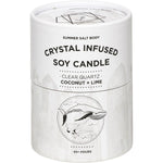 Summer Salt Body Clear Quartz Coconut and Lime candle box with a whale illustration and product details.