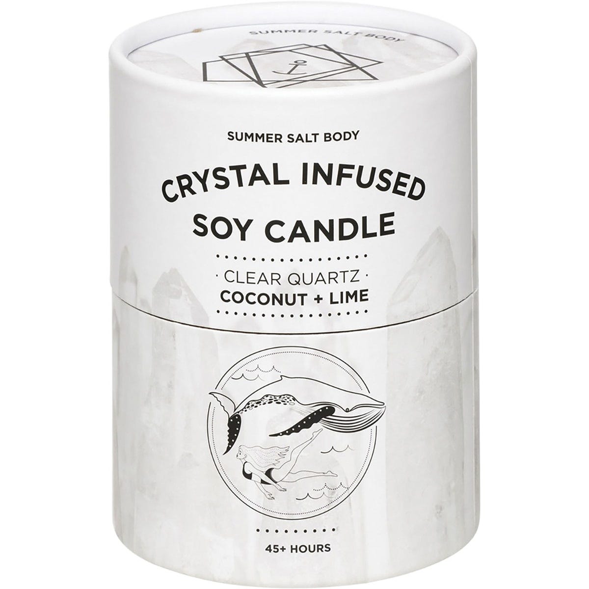 Summer Salt Body Clear Quartz Coconut and Lime candle box with a whale illustration and product details.