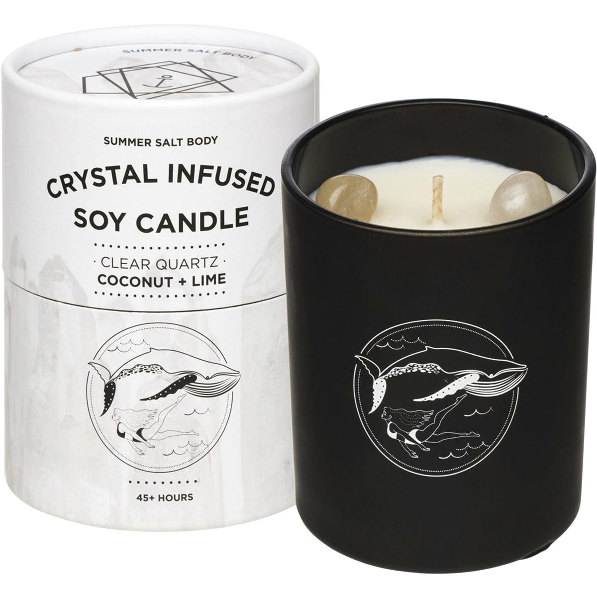 Clear Quartz infused soy candle in a glass jar with coconut and lime scent, next to its illustrated packaging box.