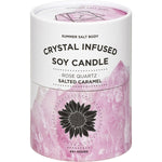 Retail box for Summer Salt Body Rose Quartz Salted Caramel candle featuring a white floral and crystal design.