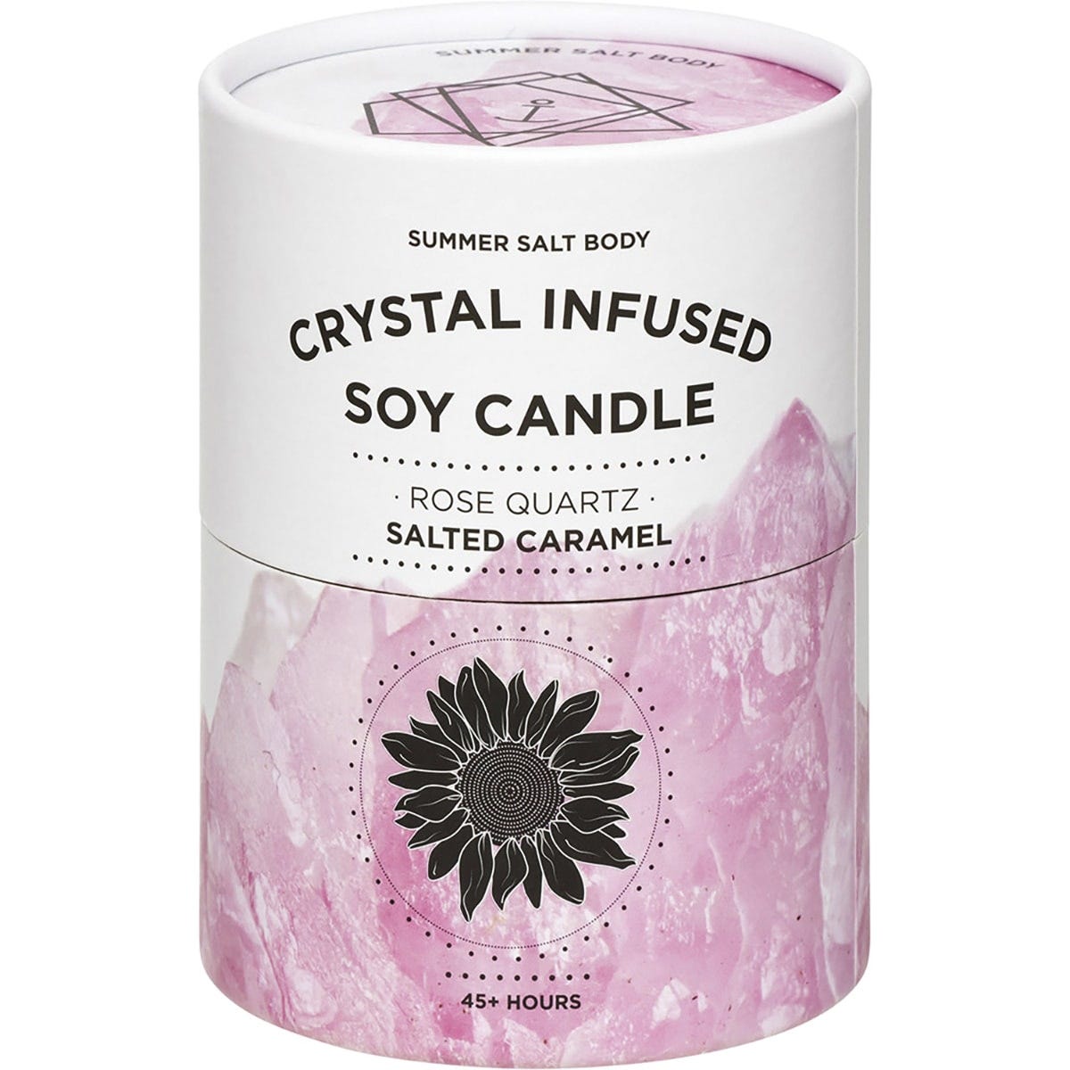 Retail box for Summer Salt Body Rose Quartz Salted Caramel candle featuring a white floral and crystal design.