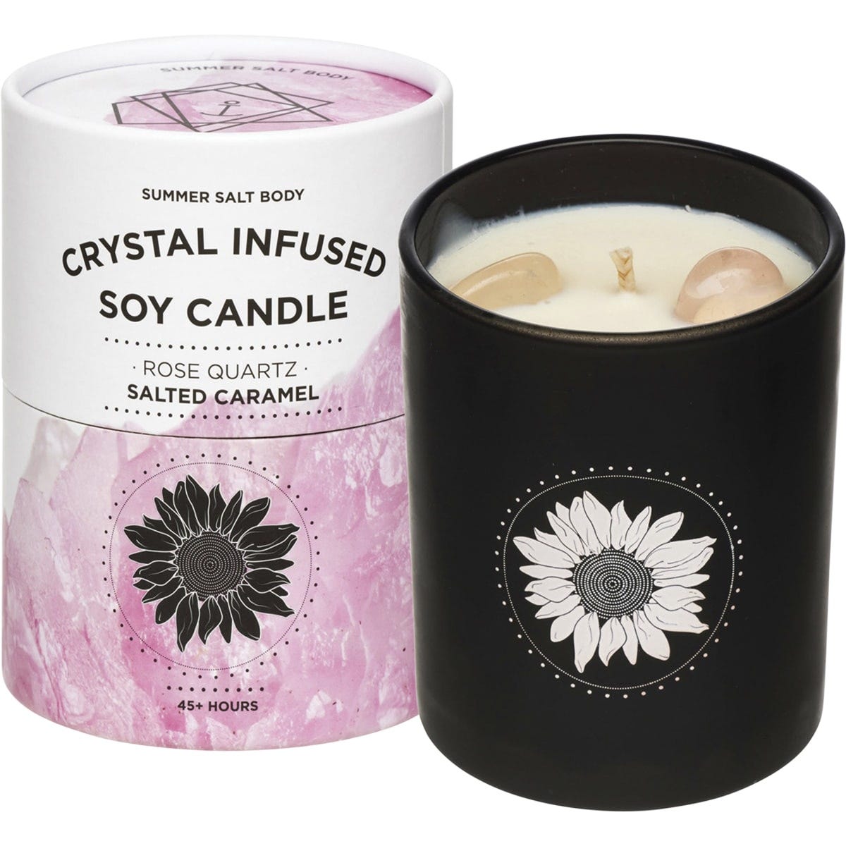 Rose Quartz infused soy candle with a Salted Caramel scent, featuring two pink gemstones and a floral label.