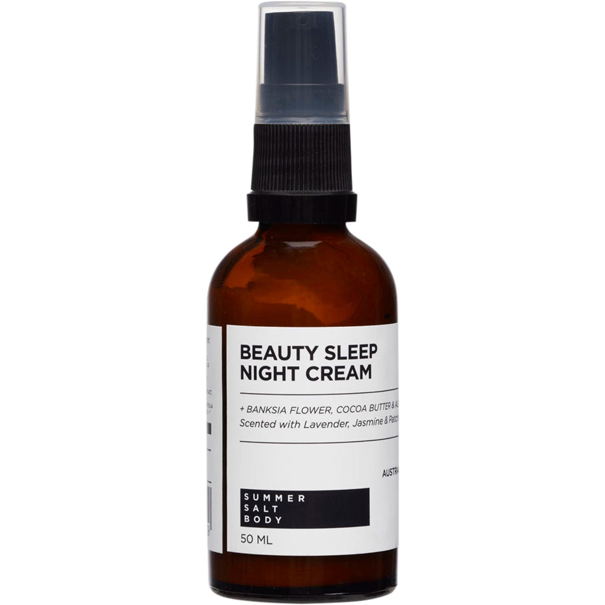 Summer Salt Body Beauty Sleep Night Cream in a 50ml glass jar with a white label and silver lid on a white background.