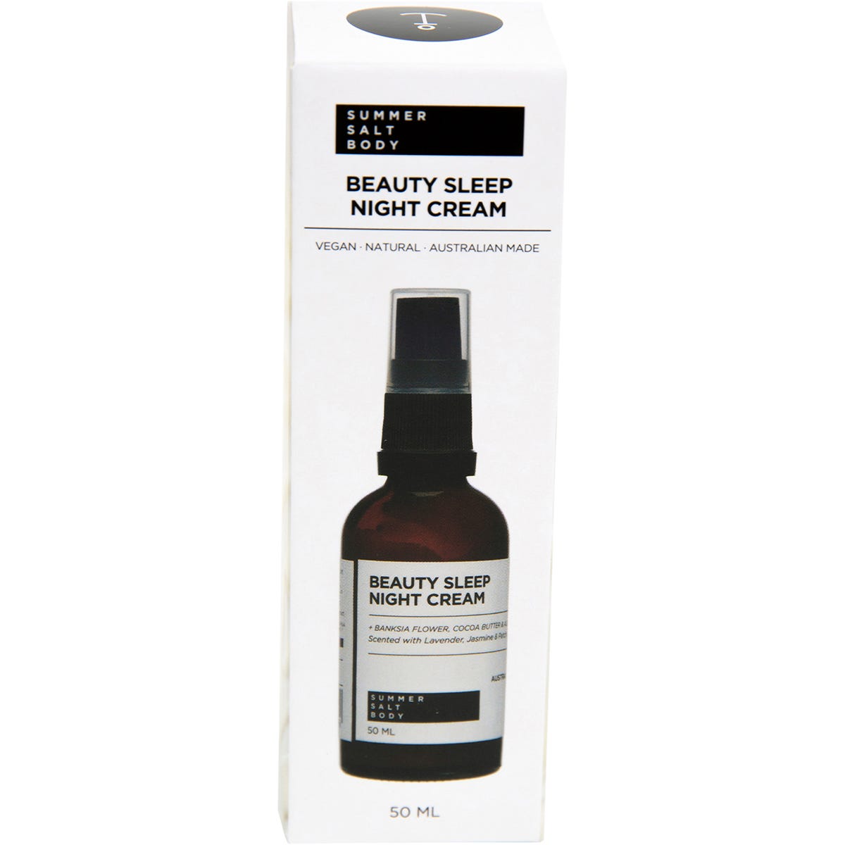 Summer Salt Body Beauty Sleep Night Cream 50ml retail box with a white background and blue botanical illustrations.