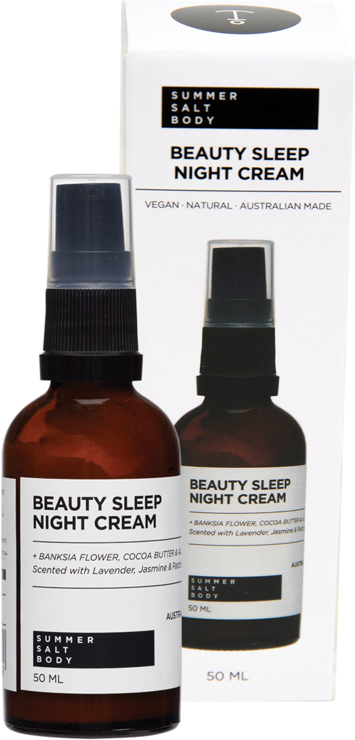 Summer Salt Body Beauty Sleep Night Cream 50ml jar and box set with botanical ingredients on a white background.