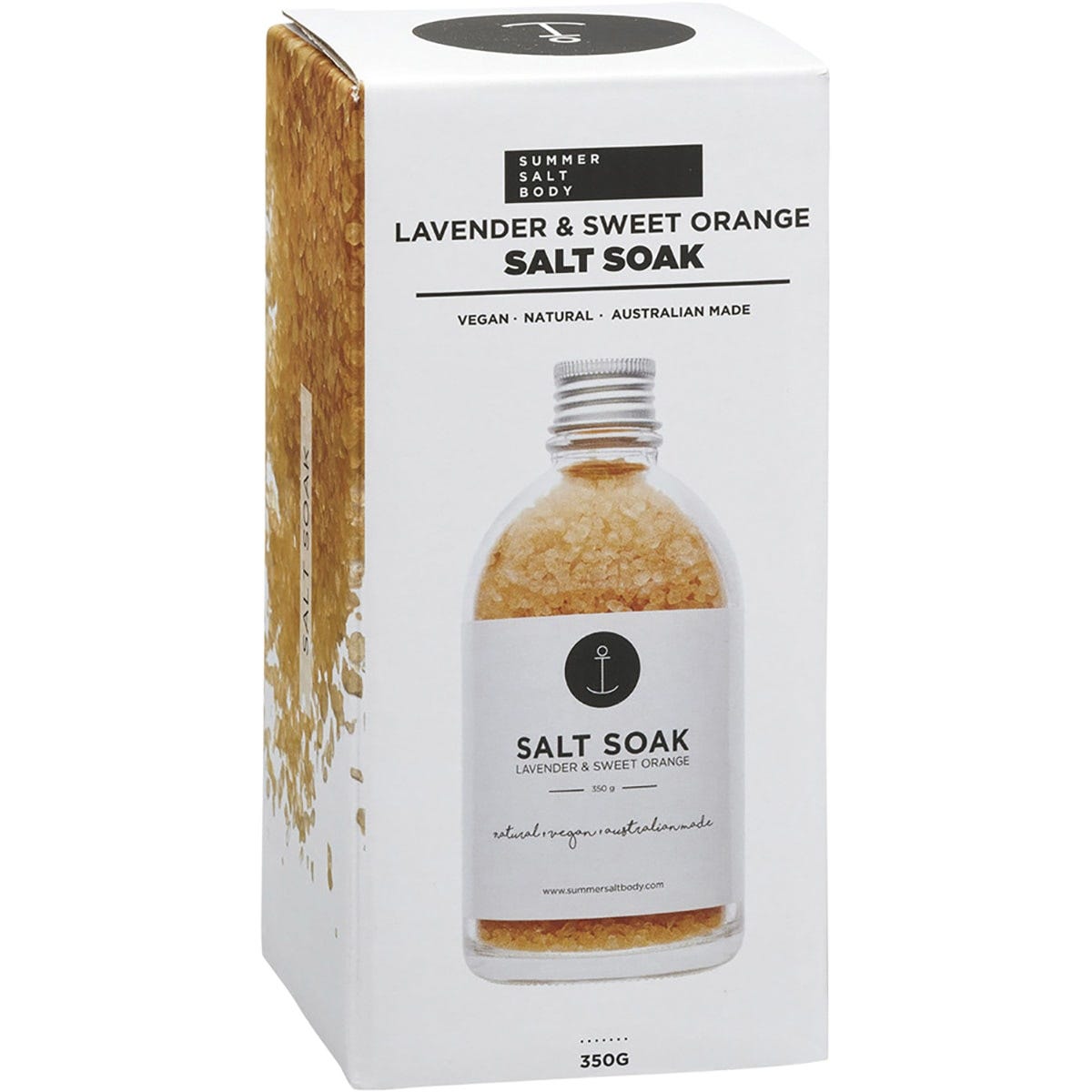 Lavender and Sweet Orange salt soak 350g in a white box with botanical illustrations and a wooden scoop.