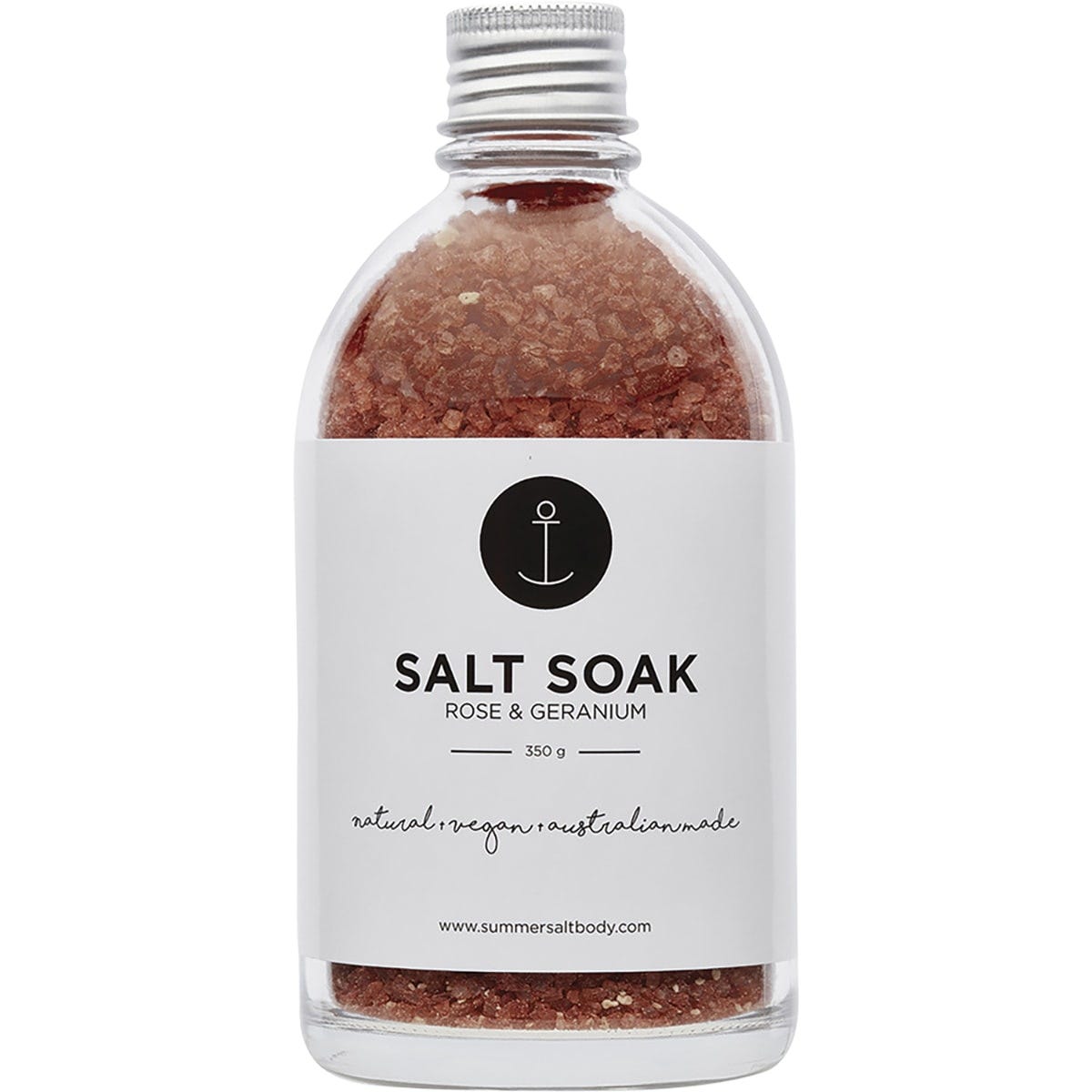 Summer Salt Body Rose & Geranium 350g salt soak bag with floral illustrations on a white background.