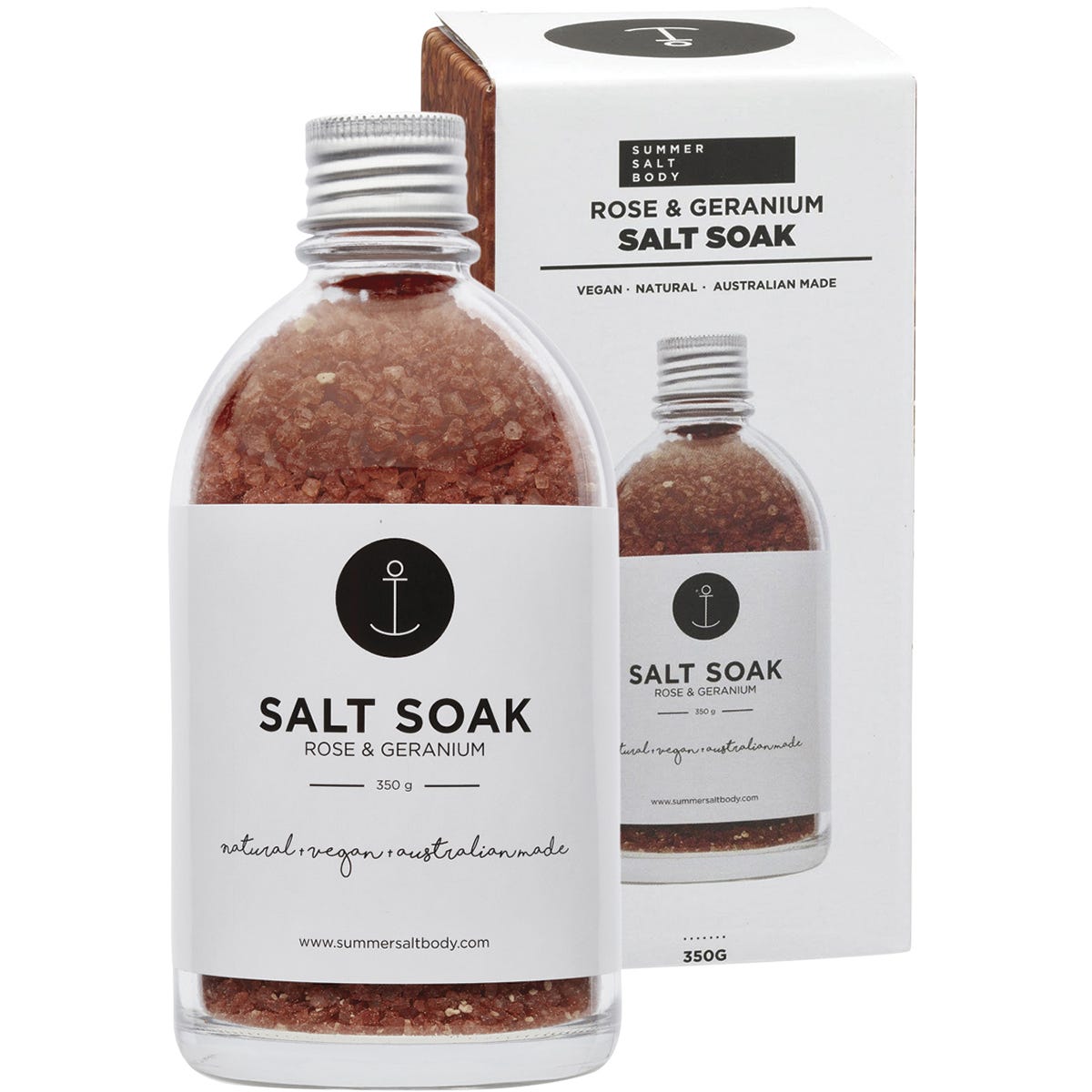 Summer Salt Body Rose and Geranium salt soak 350g bag and white gift box with floral illustrations and pink text.