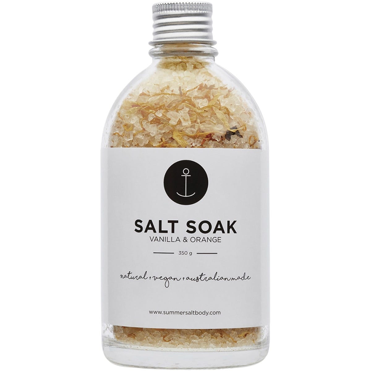 Summer Salt Body 350g glass jar of Vanilla and Sweet Orange Salt Soak with dried calendula flowers.